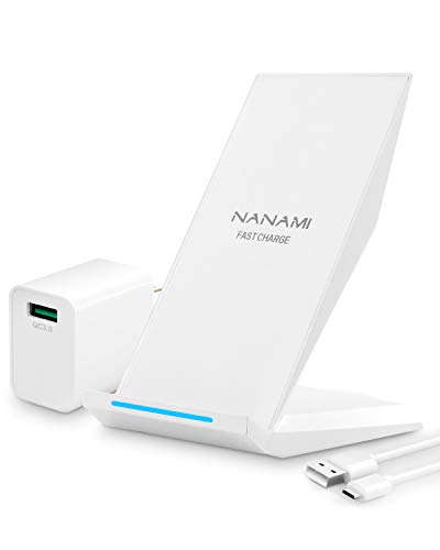 【USB充電器セット】NANAMI Qi(チー)急速 ワイヤレス充電器 Quick Charge 3.0 ACアダプター付属 無接点充電 スマホスタンド iPhone SE (第2世代) /11 / 11 Pro / XS / XS Max / XR / X / 8 / 8 Plus、Galaxy S20 /S10 /S10+ / S9 / S9+ / S8 / S8+ / Note 10 / Note 9、Xperia XZ3 置くだけ充電 他のQi機種対応 日本語取扱説明書付 Qi認証済み ホワイト