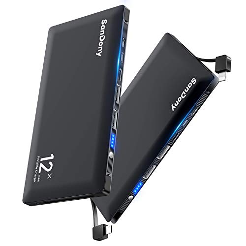 【最新版】 モバイルバッテリー 大容量 12000mAh 2ケーブル内蔵(Lightning+Micro USB内蔵) 4台同時充電 急速充電 軽量 薄型 スマホ バッテリー スマホ充電器 残量表示 PSE認証済 防災グッズ 旅行/出張/地震/アウトドア活動などの必携品 iPhone/iPad/Android対応 (ブラック)