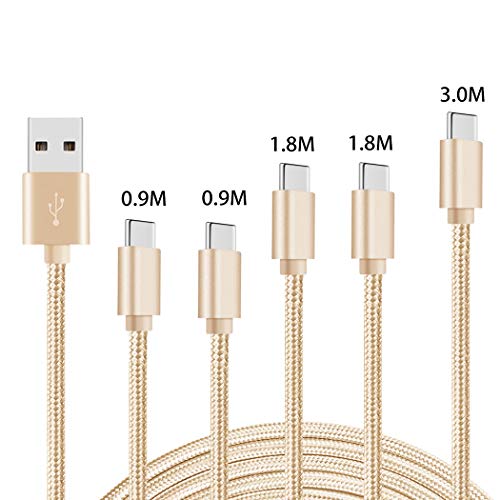 USB Type C ケーブル【5本セット 0.9m*2/1.8m*2/3m*1/保証付き】Besiva usb-c 充電ケーブル タイプc ケーブル アンドロイド 充電ケーブル 高速データ転送 ナイロン編み設計 高耐久コネクタ採用 Galaxy S10/S9/S9/S8/S8/Note8,LG G5/G6/V20,HTC10,Sony Xperia J1/A/Z3,Nexus 5X/6P/ (Normal Charge) Google Pixel/Pixel XL, Huawei P9/Honor 8/Mate 9, Nintendo Switch/Switch lite,ゴールデン