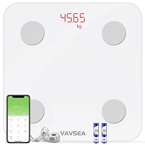 VAVSEA 体重計 スマホ 体重計 体脂肪 体組成計 精度0.01kg 父の日 肥満予防 乗るだけ 電源自動ON/OFF 体重/体脂肪率/体水分率/推定骨量/基礎代謝量/内臓脂肪レベル/BMIなど測定可能 Bluetooth対応 iOS/Androidアプリで健康管理 日本語取扱説明書付き ホワイト