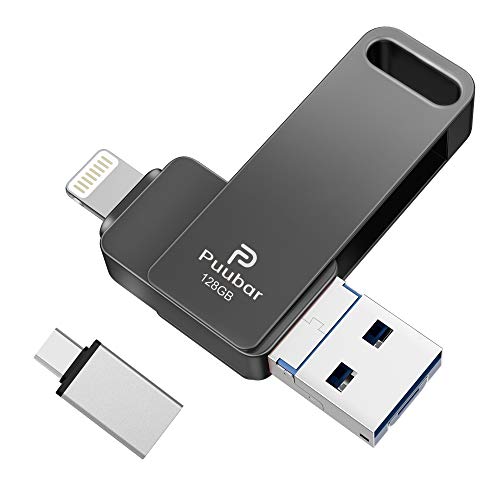 Puubar USBメモり iPhone フラッシュドライブ 4-in-1フラッシュメモリ 360度回転式 両面挿し iPhone/PC/Android/iPad対応 容量不足解消 パスワード保護 USB3.0 高速データ転送 亜鉛合金製 防塵 耐圧 耐衝撃 収納ケース付属 携帯便利 日本語取扱説明書付き (128GB, ブラック)