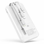 モバイルバッテリー 10000mAh 大容量 3ケーブル内蔵（Lightning+Micro USB+Type C 4台同時充電 急速充電 薄型 軽量 持ち運び便利 スマホ充電器 携帯バッテリー スタンド機能搭載 残電量表示【PSE認証済】 iPhone/iPad/Android全機種対応 (ホワイト)