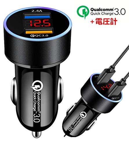 カーチャージャー 車載充電器 【電圧計/Quick Charge 3.0 急速充電 】 LEDディスプレイ 2USBポート 急速充電器 QC3.0+2.4A カー用品 シガーソケットチャージャー iPad/iPhone/Android/IQOS など対応