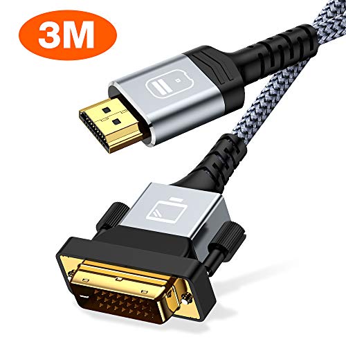 HDMI-DVI 変換ケーブル 3M 双方向対応 dvi hdmi 変換ケーブル 1080P対応 DVI-D オス-HDMI タイプAオス PS4, PS3, TVに適用 (3M, グレー)