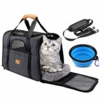 猫 キャリー バッグ 折りたたみ ペットキャリー バッグ 4way ショルダー 中・大型猫用・小型犬・うさぎ用 リュック 変形しない 通気性抜群 臭気がない 引っ掻き傷に強い 車載/ドライブ/キャンピング/旅行/通院/災害避難用 ペットバッグ (マット付き)（飛び出し防止リード付き）(猫食器付き)