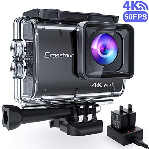 【進化版4K/50FPS】Crosstourアクションカメラ 4K 20MP解像度 Wi-Fi 40M防水 水中カメラ 6軸EIS手ブレ補正 タイムラプス ループ録画 連写 スロモーション2つ1350mAhバッテリー USB充電器と多様なアクセサリー 調節可能な170°広角レンズ バイク・車・ヘルメット・サーフボードに取り付け可能 スポーツカメラ 「メーカー13月保証」CT9500