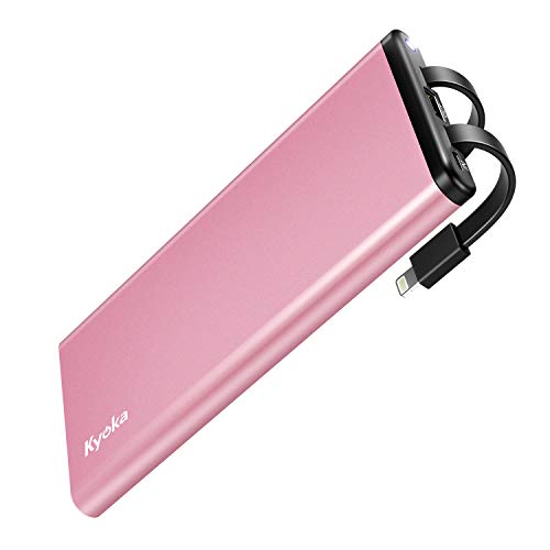 【12000mAh & ケーブル内蔵 & PSE認証済】KYOKA モバイルバッテリー 大容量 軽量 薄型 （lightning/USB-C充電コード内蔵） LEDライト付き 急速充電 残量表示 スマホ充電器 持ち運びやすい 3台同時充電 合計2.0A出力 携帯充電器 旅行/出張/緊急用 防災グッズ iPhone&Android&Type-C機種対応 (ローズゴールド)