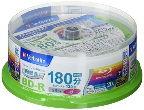 Verbatim バーベイタム 1回録画用 ブルーレイディスク BD-R 25GB  20枚 ホワイトプリンタブル  片面1層 1-6倍速 VBR130RP20SV1